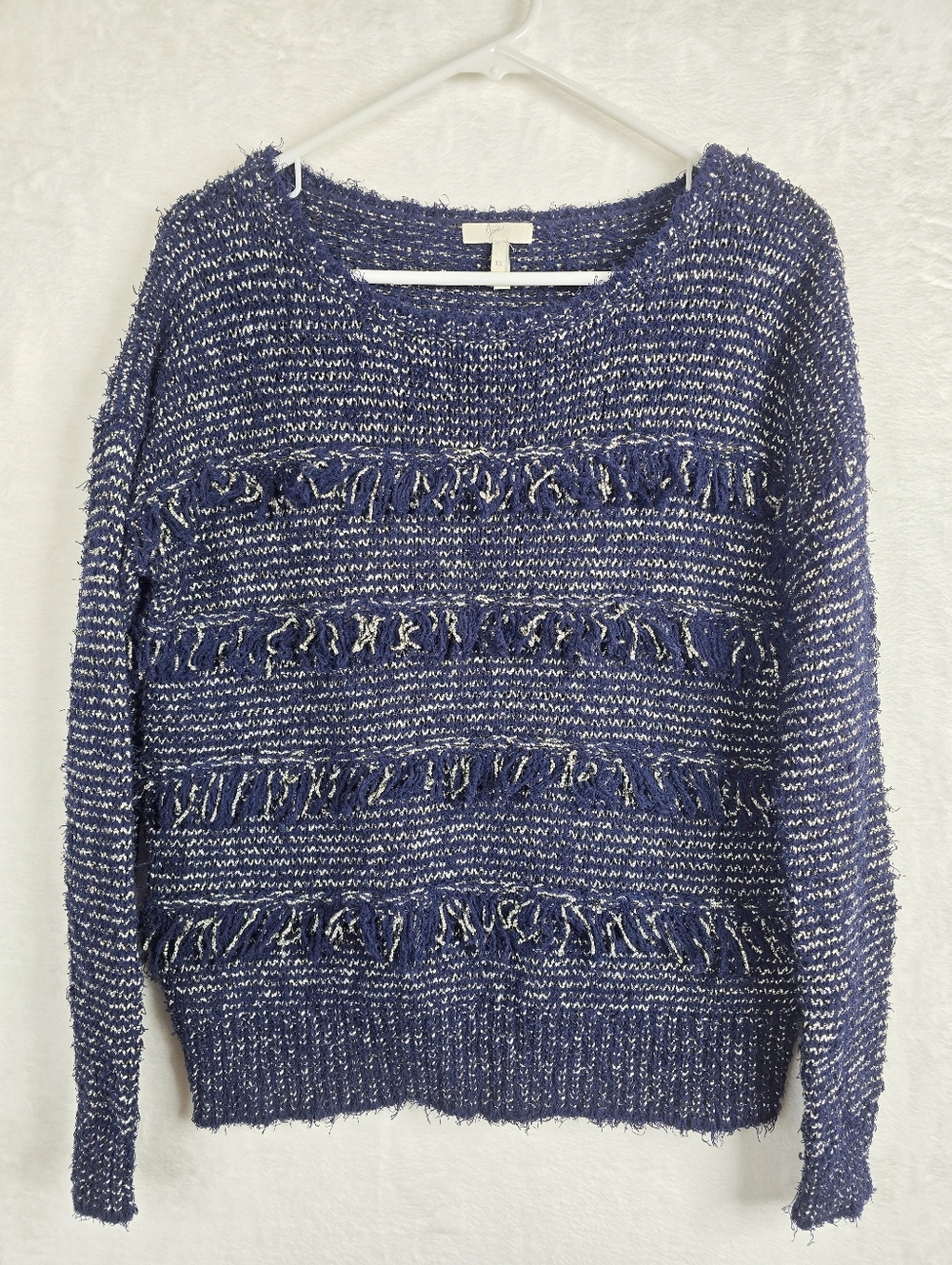 Joie Fringe Knit Sweater XS Navy White Textured Chunky Boho Pullover